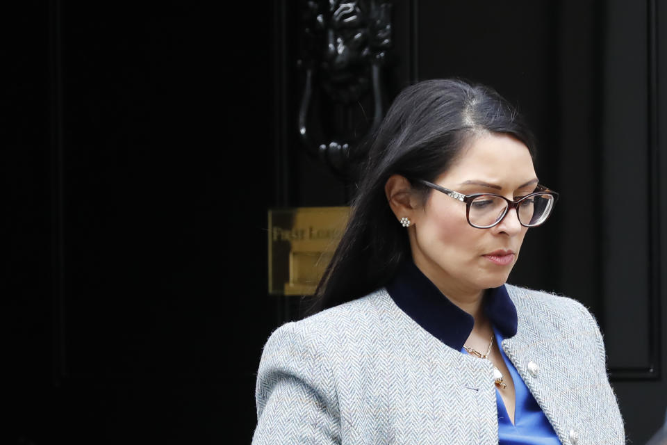 Britain's Home Secretary Priti Patel leaves number 10, Downng Street in central London on March 17, 2020. - Britain stepped up its response to coronavirus, recommending household isolation, home-working and an end to mass gatherings to try to stem an accelerating outbreak. (Photo by Tolga AKMEN / AFP) (Photo by TOLGA AKMEN/AFP via Getty Images)