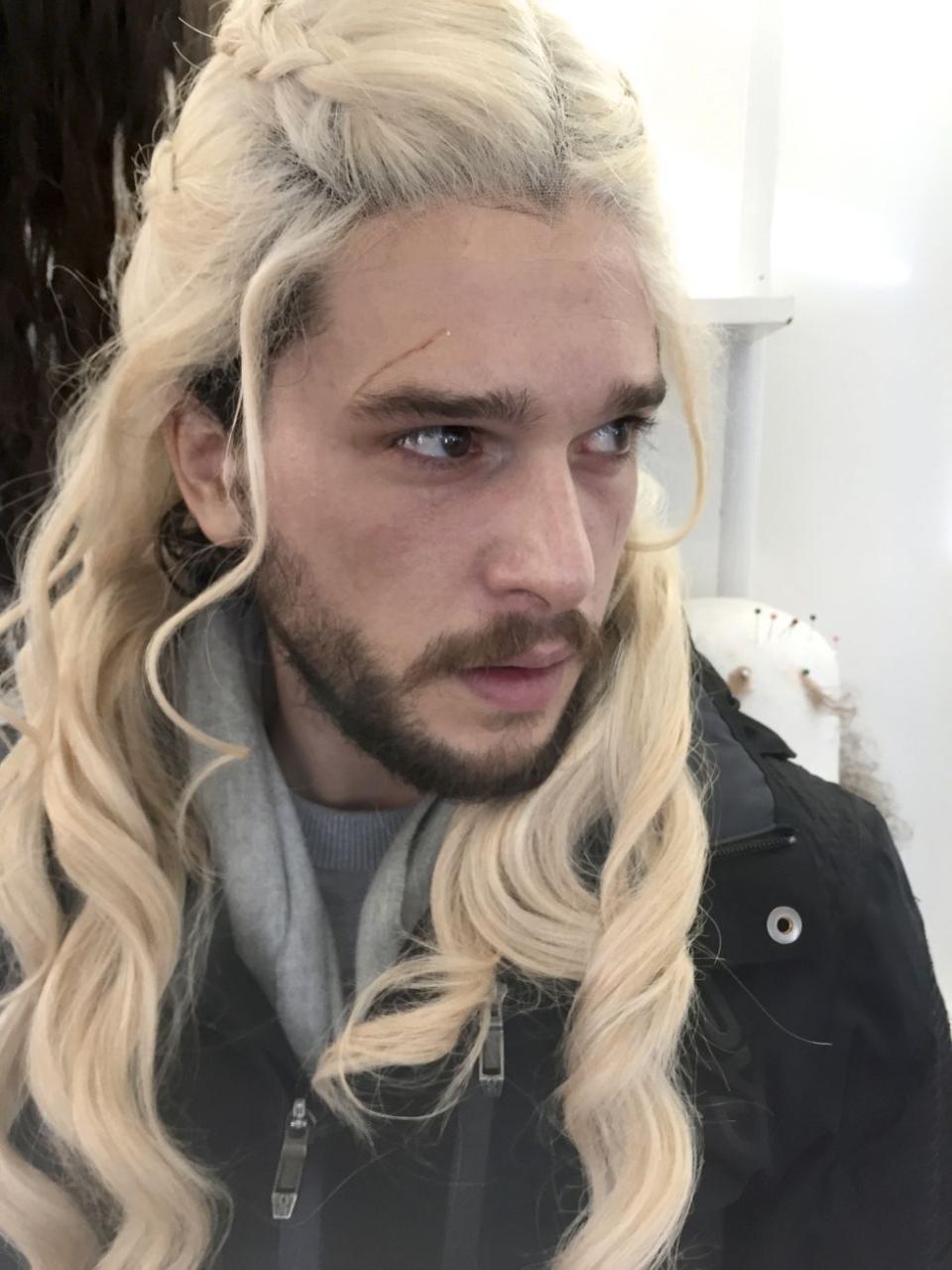 Harington wearing Daenerys's wig