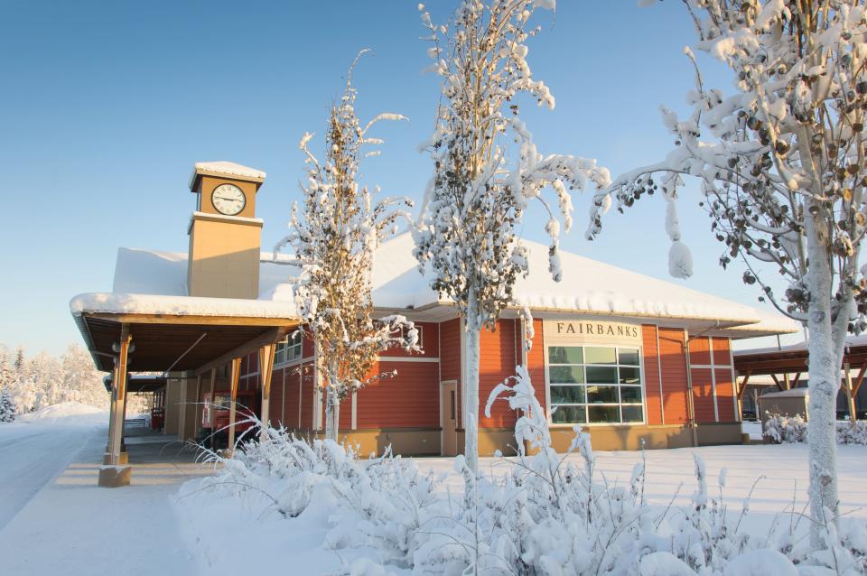 Fairbanks Alaska train station in winter.