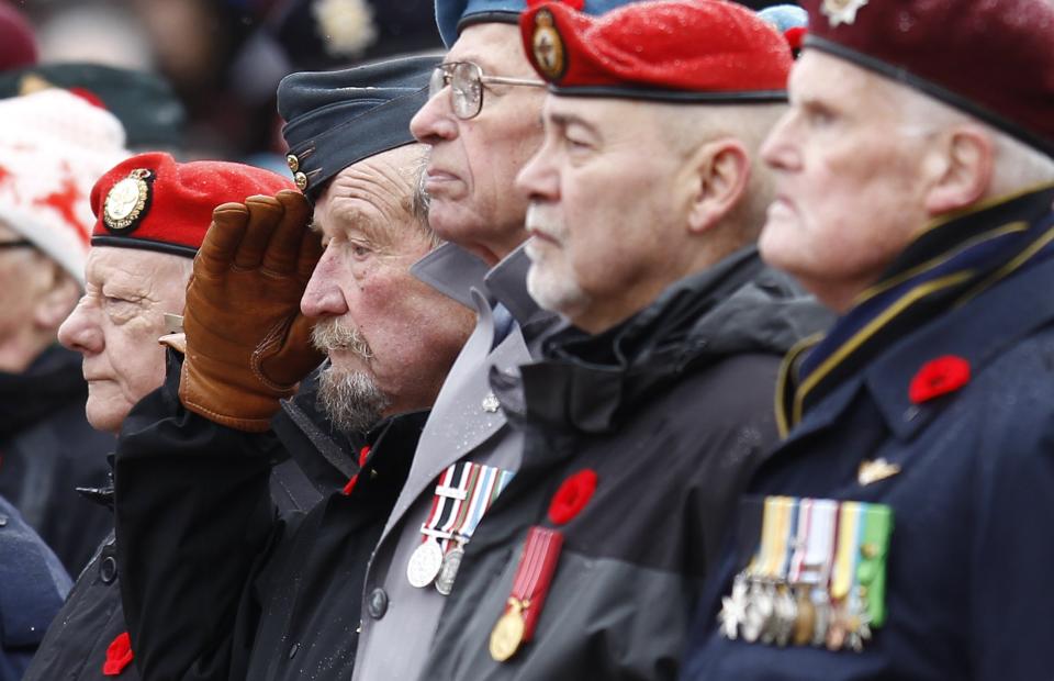 A veteran salutes during the Remembrance Day ceremony at the National War Memorial in Ottawa November 11, 2013. REUTERS/Chris Wattie (CANADA - Tags: MILITARY ANNIVERSARY)