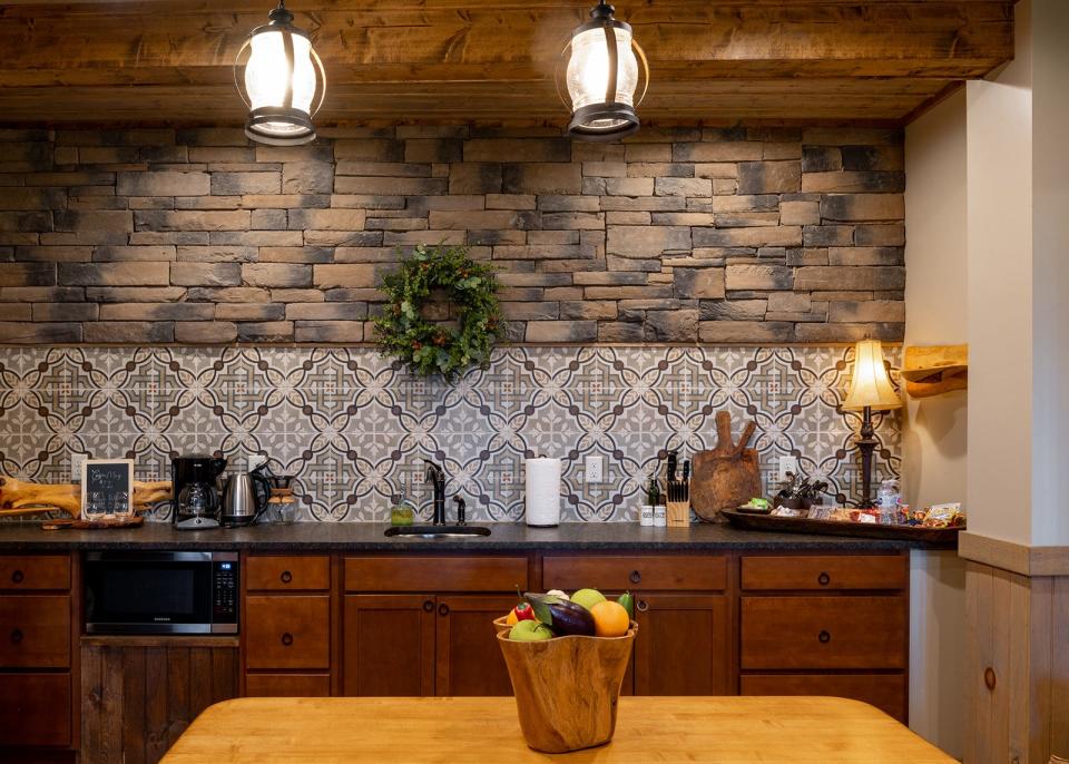 The kitchen with patterned walls at Dragon's Knoll in North Carolina.