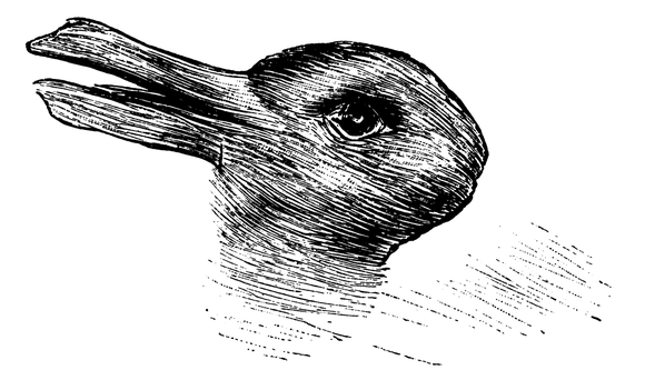 A drawing that appears like a rabbit horizontally left to right, but if you look at it diagonally, the ears look like a bill and the image looks like a duck.
