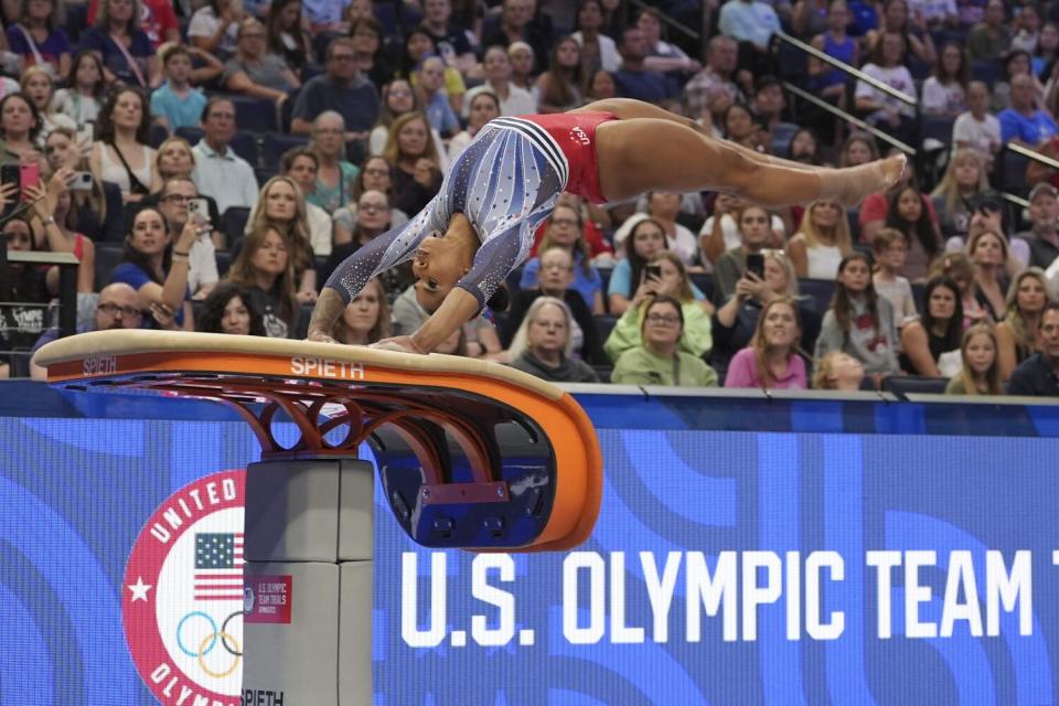 Jordan Chiles competes on the vault at the U.S. Olympic gymnastics trials on Friday.