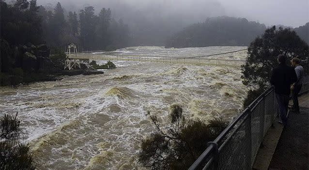 Ravenous flood water thunders through the Cataract Gorge in Launceston. Photo: Twitter