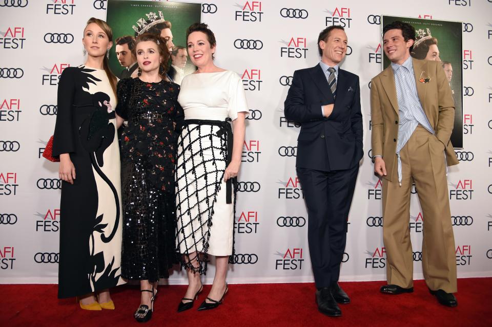 The cast of The Crown—Erin Doherty, Helena Bonham Carter, Olivia Colman, Tobias Menzies, and Josh O'Connor—at the AFI Fest Tribute to Peter Morgan presented by Audi