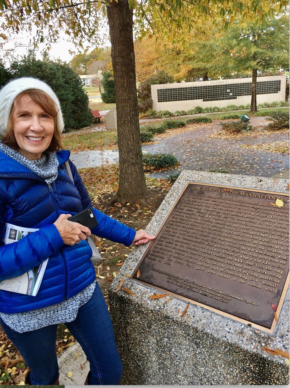 Clara Culnon visits the Secret City Commemorative Walk near the Oak Ridge Public Library.