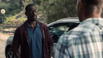 This image released by NBC shows Sterling K. Brown in a scene from "This Is Us." Season five debuts Tuesday and will address the pandemic and Black Lives Matter movement. (NBC via AP)