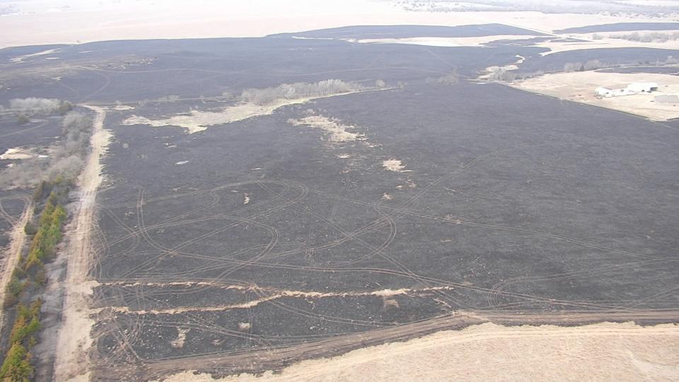 The aftermath of a wildfire that happened west of Salina in Saline County on Feb. 29. The county issued a formal declaration of emergency after it received aid from outside agencies including surrounding counties and the State of Kansas.