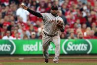 Pablo Sandoval #48 of the San Francisco Giants throws out Drew Stubbs #6 of the Cincinnati Reds in the second inning in Game Three of the National League Division Series at the Great American Ball Park on October 9, 2012 in Cincinnati, Ohio. (Photo by Jonathan Daniel/Getty Images)