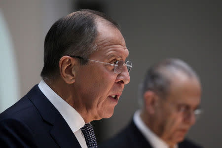 Russian Foreign Minister Sergei Lavrov speaks during a news conference at the Ministry of Foreign Affairs in Nicosia, Cyprus May 18, 2017. REUTERS/Yiannis Kourtoglou