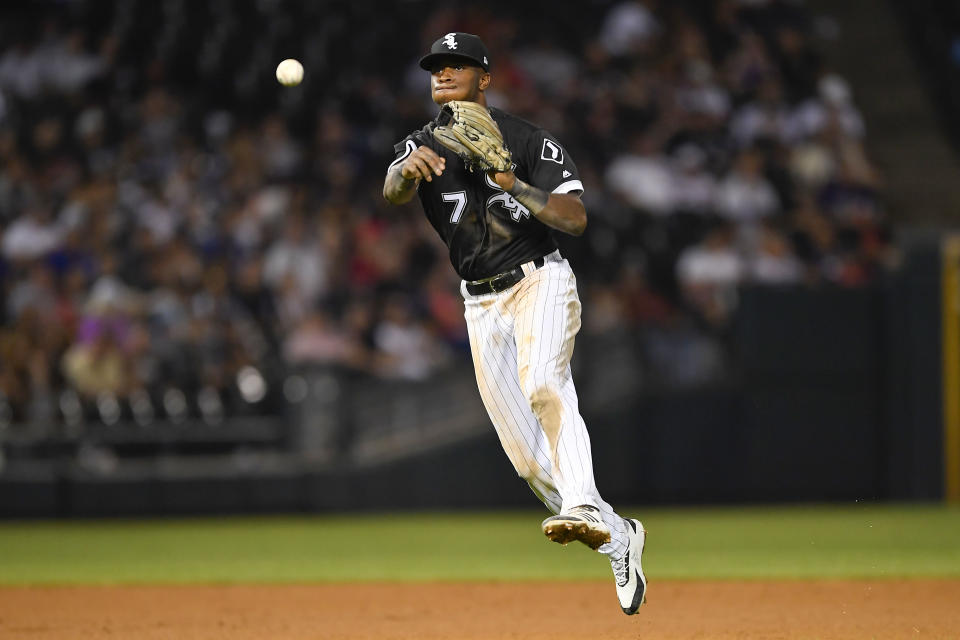 CHICAGO, IL - AUGUST 17: Chicago White Sox shortstop Tim Anderson (7) throws the ball to first base for the out against the Kansas City Royals on August 17, 2018 at Guaranteed Rate Field in Chicago, Illinois.  (Photo by Quinn Harris/Icon Sportswire via Getty Images)