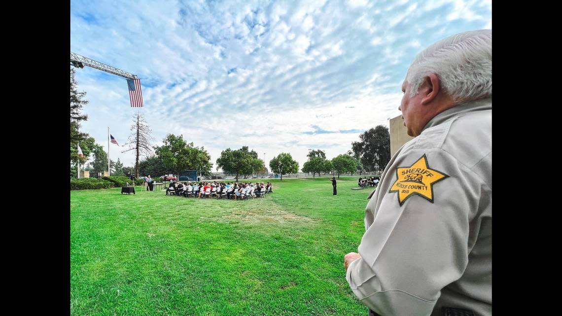 Local law enforcement, first responders and members of the community gather to remember those who lost their lives in the Sept. 11, 2001 terrorist attacks, during a ceremony in Atwater, Calif., on Sunday, Sept. 11, 2022. Image courtesy of Merced County Sheriff’s Office.