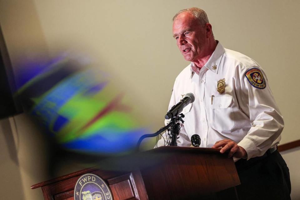 Fort Worth Fire Department Chief Jim Davis speaks with the media gathered at the Bob Bolen Public Safety Complex in Fort Worth on Tuesday, July 11, 2023, for a press conference about an investigation into an officer-involved shooting last week that killed two men and injured at least four others.