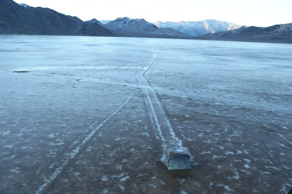 A GPS-mounted boulder leaves a trail on Racetrack Playa