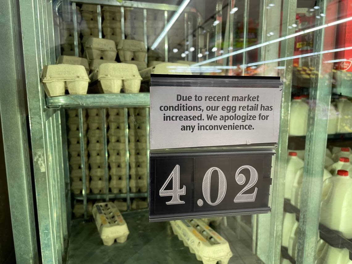 A sign at Aldi grocery store in Raleigh, NC, on Jan. 12, 2023, apologizes to shoppers for the increase in egg prices. The cost of eggs has increased dramatically in the U.S. because of a deadly outbreak of bird flu.