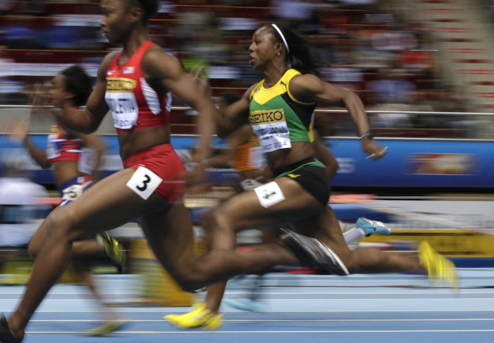 Jamaica's Veronica Campbell-Brown competes in a women's 60m heat during the Athletics Indoor World Championships in Sopot, Poland, Saturday, March 8, 2014. (AP Photo/Matt Dunham)