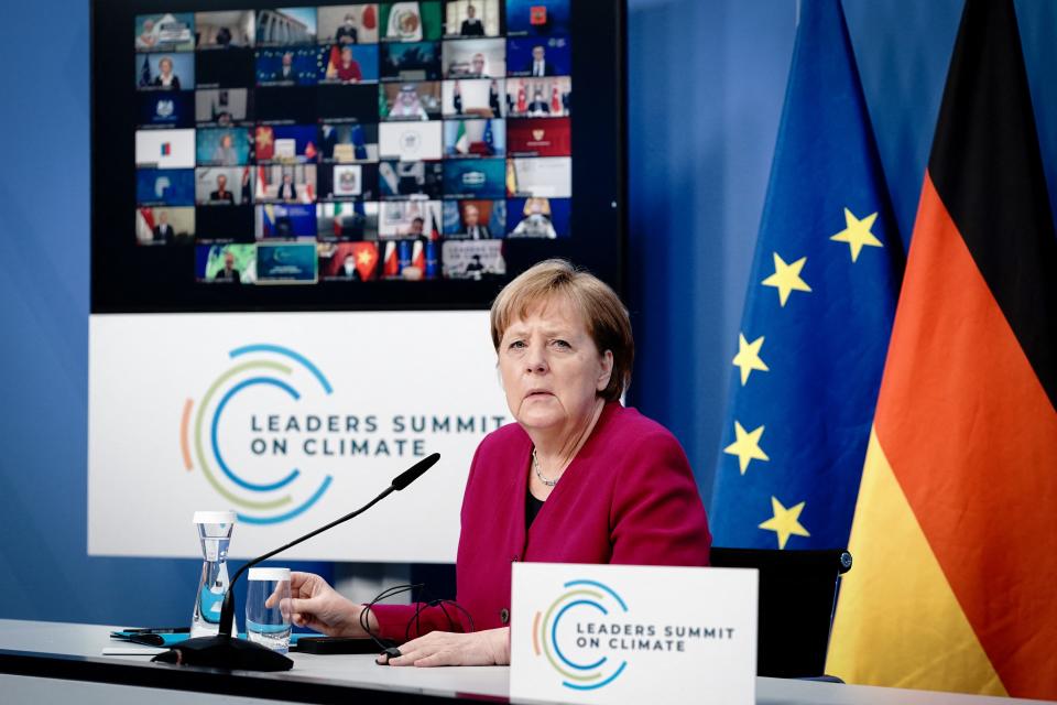 <p>German Chancellor Angela Merkel takes part in a virtual Leaders Summit on Climate hosted by the US President in Berlin on April 22, 2021.</p> (Photo by KAY NIETFELD/POOL/AFP via Getty Images)