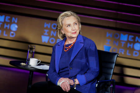 FILE PHOTO: Hillary Clinton, Former U.S. Secretary of State listens to Journalist Tina Brown during the Women In The World Summit in New York City, U.S., April 13, 2018. REUTERS/Eduardo Munoz/File Photo