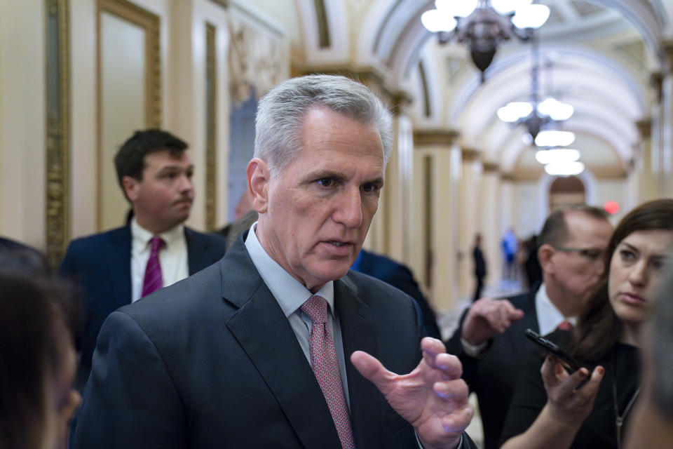Speaker of the House Kevin McCarthy, R-Calif., talks with reporters at the Capitol in Washington, Friday, April 28, 2023. Earlier this week, McCarthy united the House Republican majority to pass a sweeping debt ceiling package. (AP Photo/J. Scott Applewhite)
