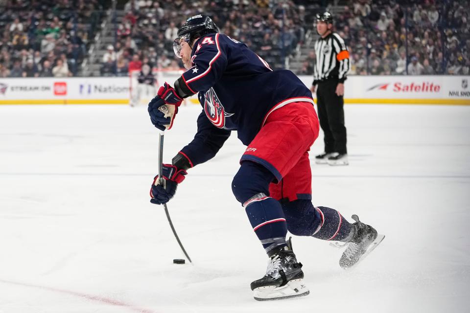 Mar 4, 2024; Columbus, Ohio, USA; Columbus Blue Jackets defenseman Erik Gudbranson (44) fires a shot during the first period of the NHL hockey game against the Vegas Golden Knights at Nationwide Arena.