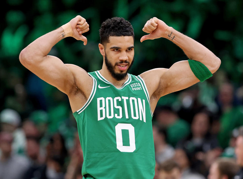 Boston, MA - February 7:  Jayson Tatum #0 of the Boston Celtics gets ready to play during the first half against the Atlanta Hawks at the Garden. (Photo by Matt Stone/MediaNews Group/Boston Herald via Getty Images)