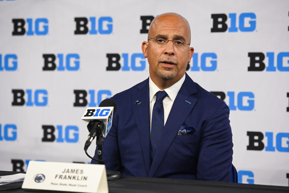 INDIANAPOLIS, IN - JULY 26: Penn State Nittany Lions head coach James Franklin during the Big Ten Conference Media Days on July 26, 2023 at Lucas Oil Stadium in Indianapolis, IN (Photo by James Black/Icon Sportswire via Getty Images)