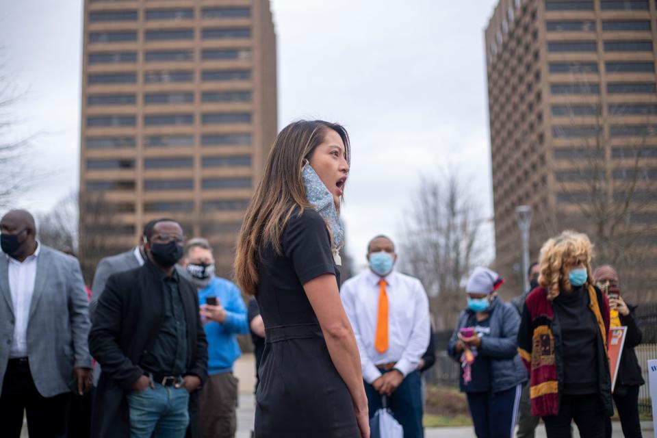 FILE - In this March 1, 2021 file photo, Rep. Bee Nguyen (D-Atlanta) speaks to demonstrators at an HB 531 protest outside of the Georgia State Capitol Building on day 25 of the legislative session in Atlanta. Nguyen announced Tuesday, May 4,  that she's running for Georgia secretary of state in 2022.