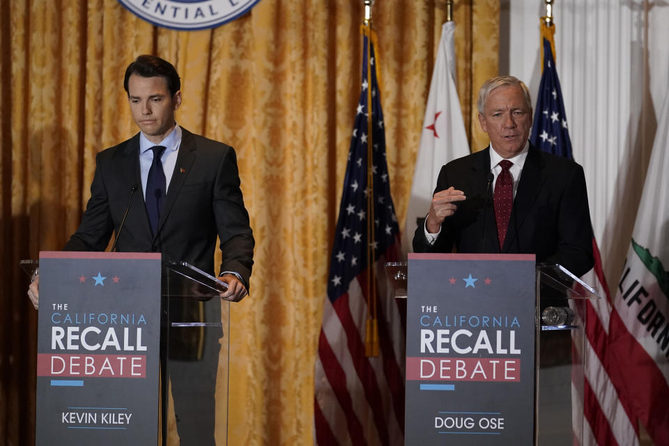 Republican candidates for California Governor Doug Ose, right, and Kevin Kiley participate in a debate at the Richard Nixon Presidential Library Wednesday, Aug. 4, 2021, in Yorba Linda, Calif. California Gov. Gavin Newsom faces a Sept. 14 recall election that could remove him from office. (AP Photo/Marcio Jose Sanchez)