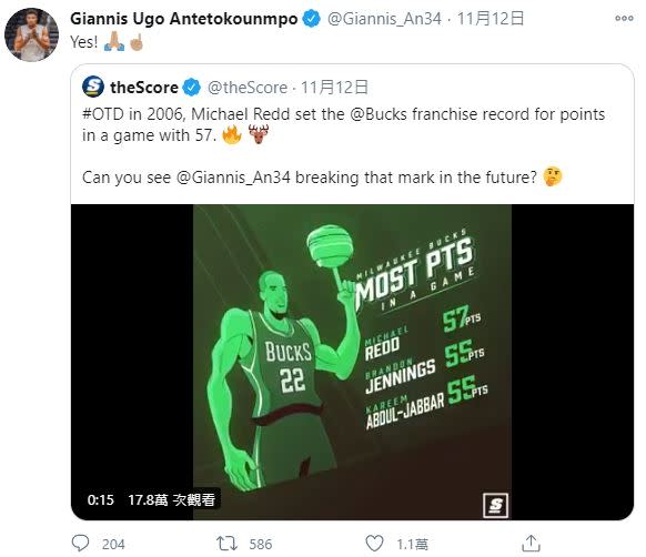 美媒提問釣出Antetokounmpo親回「Yes！」。（圖／翻攝自推特）