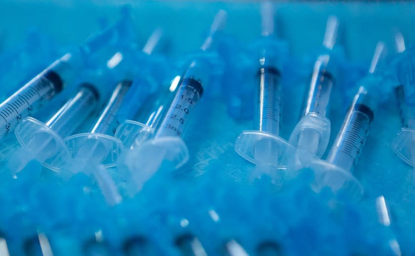 LOS ANGELES, CA - FEBRUARY 11: A tray of filled syringes with filled COVID-19 vaccine at Kedren Health on Thursday, Feb. 11, 2021 in Los Angeles, CA. (Jason Armond / Los Angeles Times)