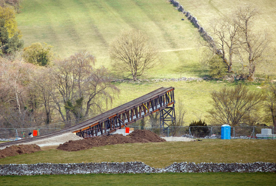 A train track at a quarry near Stoney Middleton in Derbyshire, that has been reported as a location for the latest Mission: Impossible film. Mission: Impossible star Tom Cruise has been filling action scenes on top of a moving mock steam locomotive in the North York Moors in recent days. Picture date: Sunday April 25, 2021.