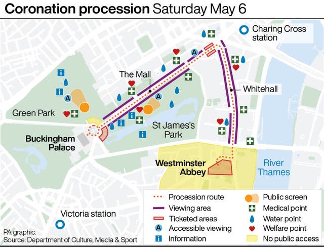 PA infographic showing the coronation procession route