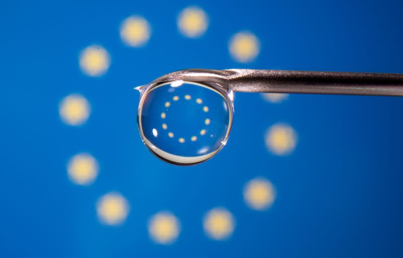 The EU flag is reflected in a drop on a syringe needle in this illustration