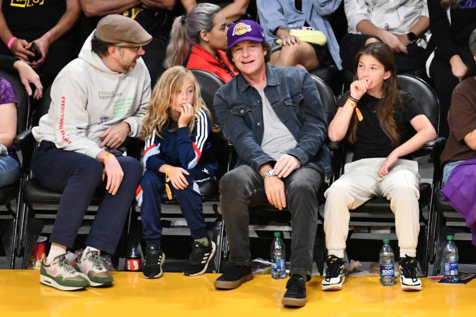 Actors Jason Sudeikis and Jason Bateman are seen during game four of the Western Conference Finals.