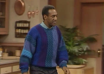 <div class="caption-credit"> Photo by: Billcosby.com</div>According to the <a rel="nofollow noopener" href="http://thecosbysweaterproject.tumblr.com/" target="_blank" data-ylk="slk:Cosby Sweater Project;elm:context_link;itc:0;sec:content-canvas" class="link ">Cosby Sweater Project</a> on Tumblr (yes, there is such a glorious thing), this purple-icious creation appeared in Season 4, Episode 7, during which the Huxtables have to deal with an elderly friend of Rudy's who refuses to take her medication and becomes forgetful. <br>