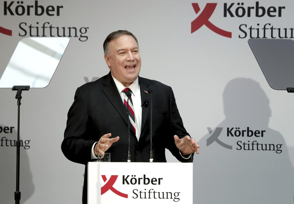 United States Secretary of State Mike Pompeo delivers a speech during the 'Koerber Global Leaders Dialogue' in Berlin, Germany, Friday, Nov. 8, 2019. (AP Photo/Michael Sohn)