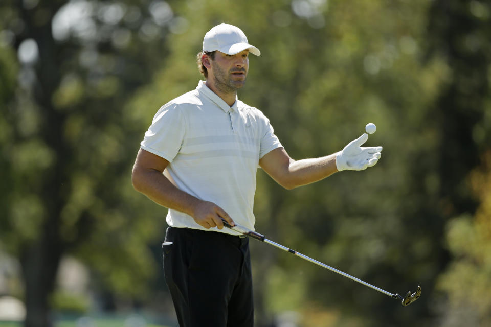 Tony Romo prepares to putt on the third green of the Silverado Resort North Course during the pro-am event of the Safeway Open PGA golf tournament Wednesday, Sept. 25, 2019, in Napa, Calif. (AP Photo/Eric Risberg)