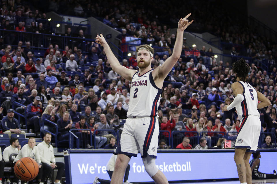 Gonzaga forward Drew Timme (2) celebrates his dunk during the second half of an NCAA college basketball game against Chicago State, Wednesday, March 1, 2023, in Spokane, Wash. Gonzaga won 104-65. (AP Photo/Young Kwak)