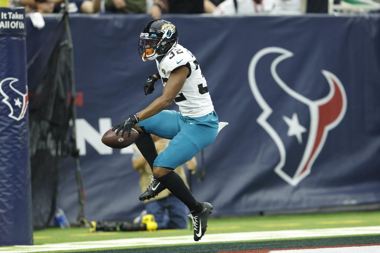 Jaguars cornerback Tyson Campbell celebrates his fumble return for a touchdown on Sunday against the Houston Texans at NRG Stadium in Houston.