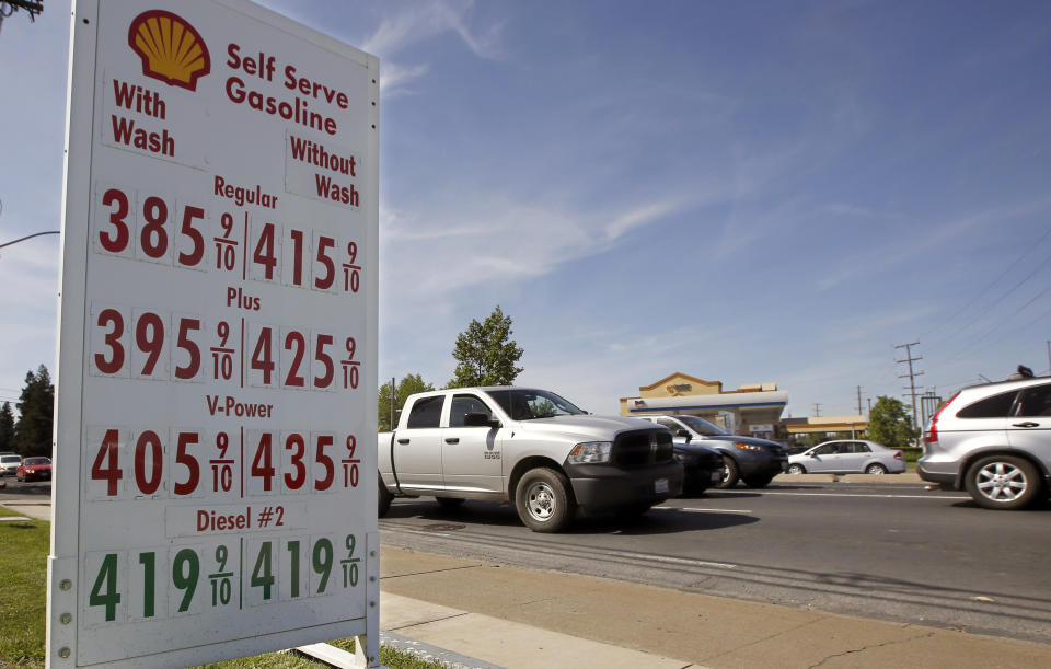 FILE - This April 23, 2019 file photo shows gas prices displayed at a Shell gasoline station in Sacramento, California Calif. The average national average in the U.S. price of regular-grade gasoline jumped 5 cents a gallon (3.8 liters) over the past two weeks, to $2.97. Industry analyst Trilby Lundberg of the Lundberg Survey says Sunday, May 5, 2019, that gas prices have spiked 66 cents since early January. (AP Photo/Rich Pedroncelli, File)