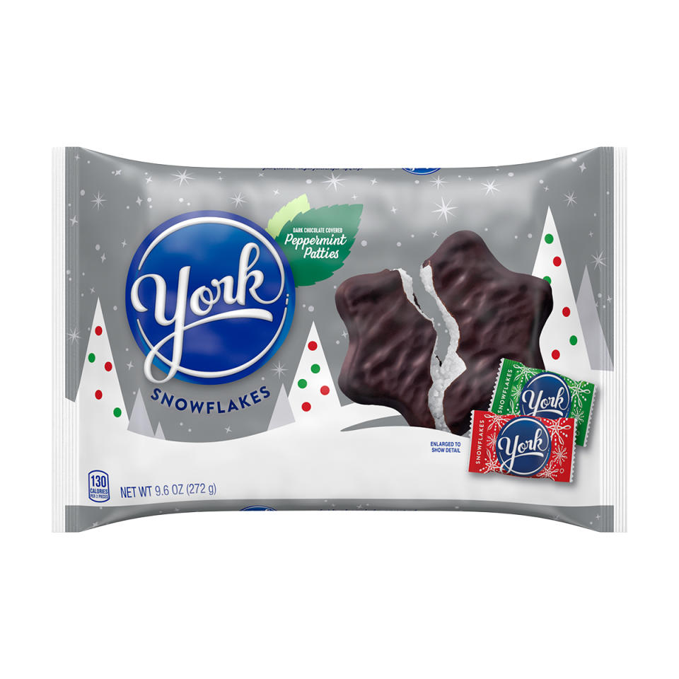 <p>The snowflake shape matches the cool and minty flavors of the <a href="https://www.hersheyland.com/products/york-snowflakes-dark-chocolate-peppermint-patties-9-6-oz-bag.html?bvstate=pg:2/ct:r" rel="nofollow noopener" target="_blank" data-ylk="slk:peppermint patties;elm:context_link;itc:0;sec:content-canvas" class="link ">peppermint patties</a>.</p>