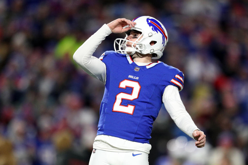 ORCHARD PARK, NEW YORK - NOVEMBER 19: Tyler Bass #2 of the Buffalo Bills reacts during the third quarter against the New York Jets at Highmark Stadium on November 19, 2023 in Orchard Park, New York. (Photo by Bryan Bennett/Getty Images)