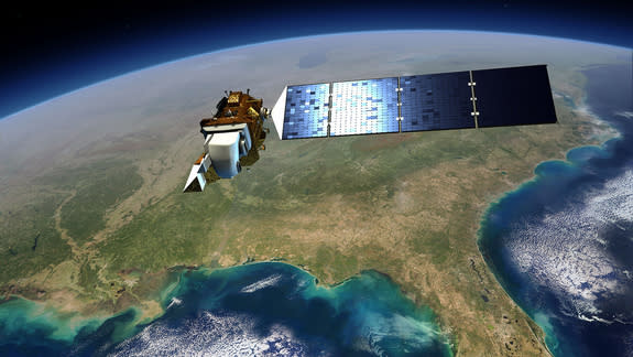 An artist's view of the Landsat Data Continuity Mission spacecraft in orbit above the Gulf Coast of the U.S.