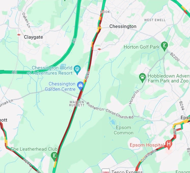 Traffic builds on the A243 near Junction 9 of M25 motorway (Google Maps)