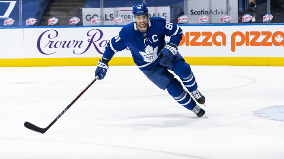TORONTO, ON - MAY 8: John Tavares #91 of the Toronto Maple Leafs warms up before facing the Montreal Canadiens at the Scotiabank Arena on May 8, 2021 in Toronto, Ontario, Canada. (Photo by Mark Blinch/NHLI via Getty Images)