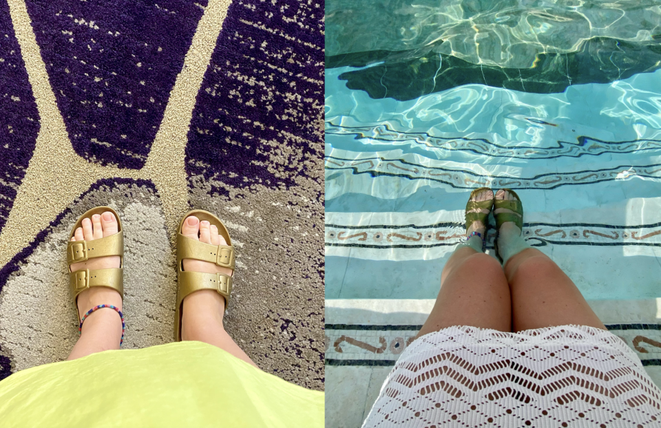 Person with gold sandals standing on a rug and lounging in the pool