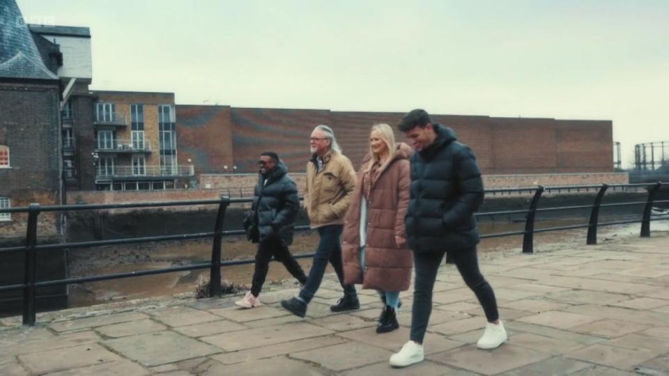 celebrity masterchef 2023, left to right, apl de ap, michael praed, amy walsh, luca bish walking outside