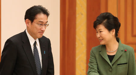 Japan's Foreign Minister Fumio Kishida (L) is greeted by South Korea's President Park Geun-hye at the Presidential Blue House in Seoul, South Korea, December 28, 2015. REUTERS/Baek Seung-ryol/Yonhap