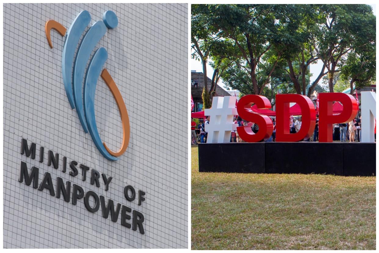 Ministry of Manpower logo and Singapore Democratic Party hashtag. (FILE PHOTOS: Yahoo News Singapore)