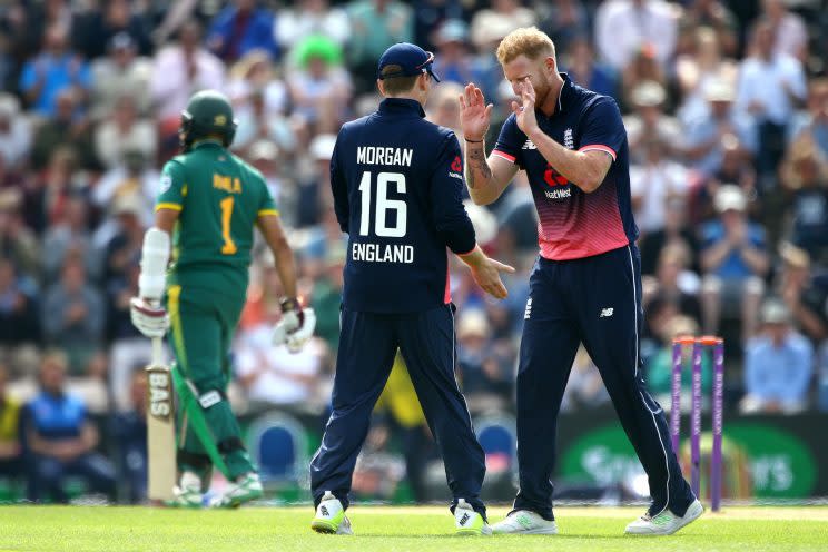 Ben Stokes celebrates England taking a wicket against South Africa